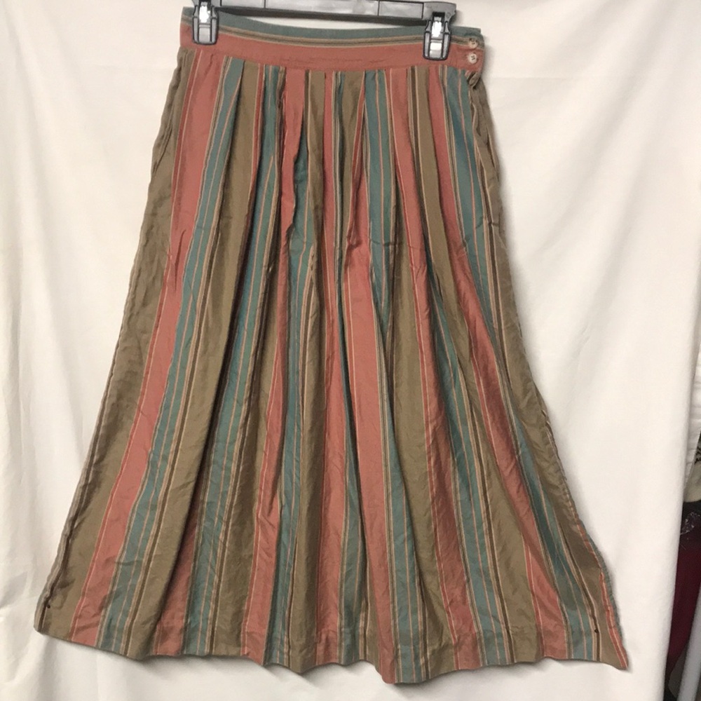 Vintage J.G. Hook Stripped Pleated Midi Skirt in Coral, Teal & Tan - Size 12